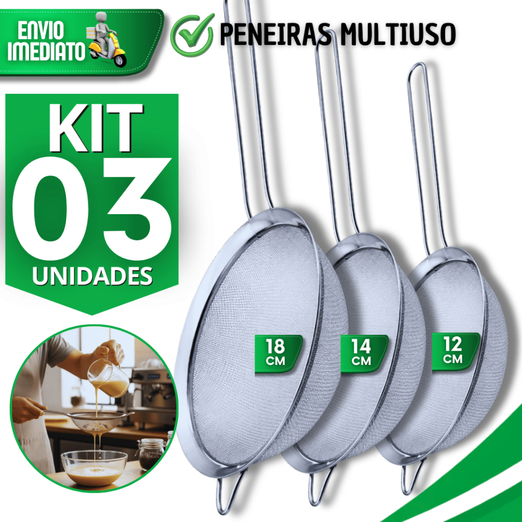 Combo Peneiras Aço Inox Coador Farinha Suco Confeitaria 18/14/12cm Cozinha Restaurante Utensílios