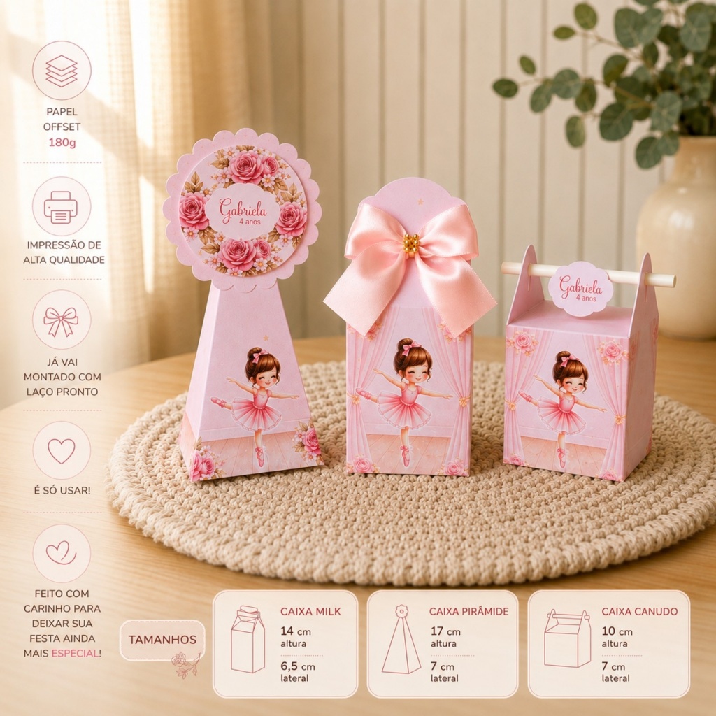 Kit de Caixas Bailarina Personalizadas com nome e idade Lembrancinha de Festa Aniversário