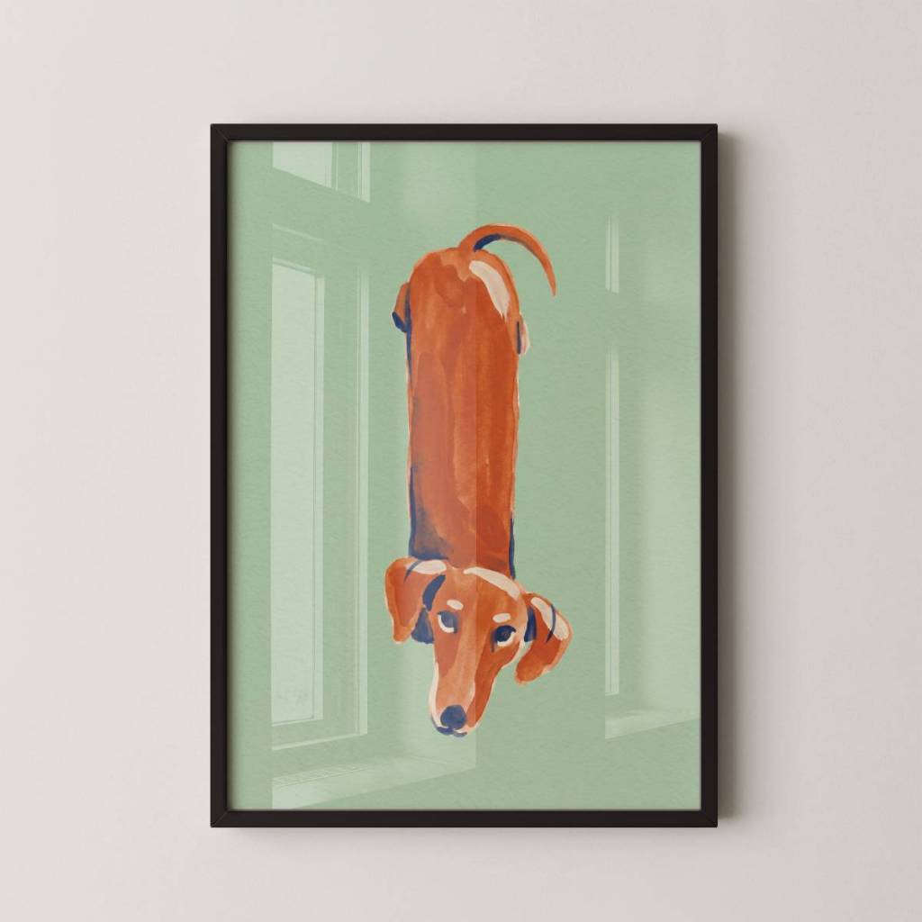 Quadro Decorativo Arte Minimalista Cachorro Salsicha Com Moldura
