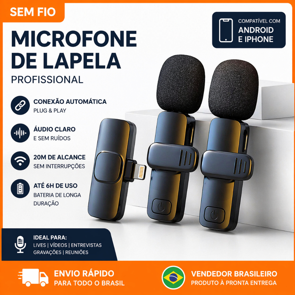 Microfone Sem Fio Lapela Para Celular Tipo C e Lightning Gravação Áudio Podcast