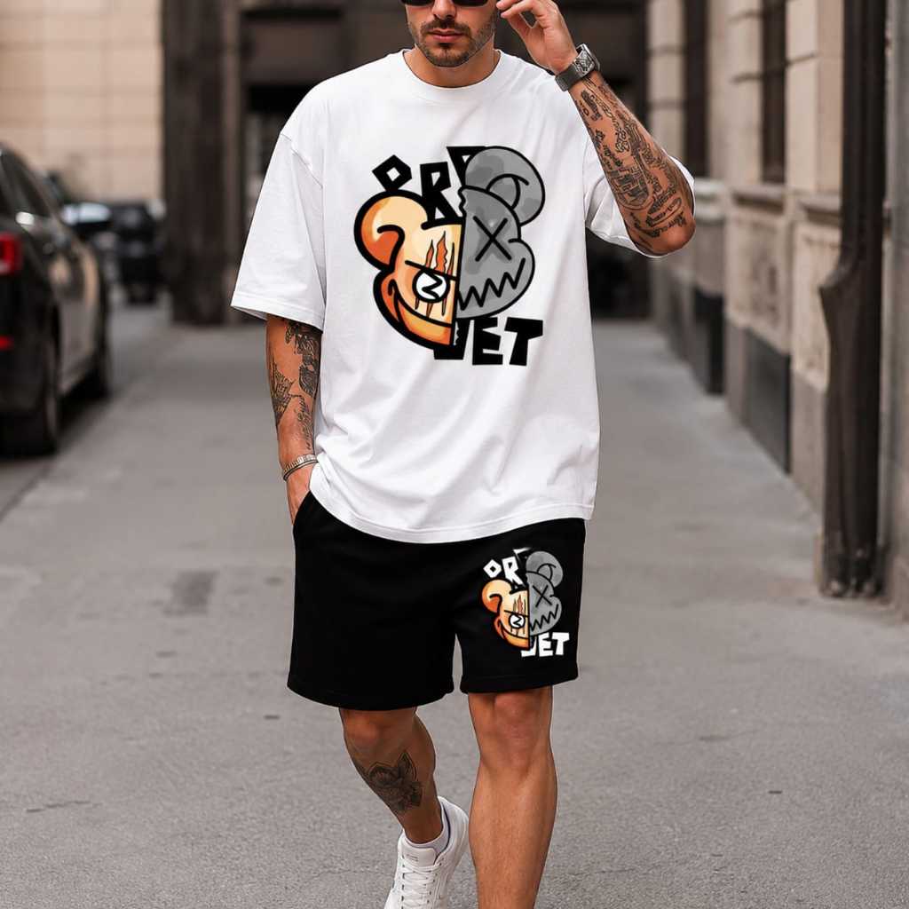 Conjunto Masculino Streetwear Project Bear Premium Camiseta Oversized + Bermuda Algodão Casual