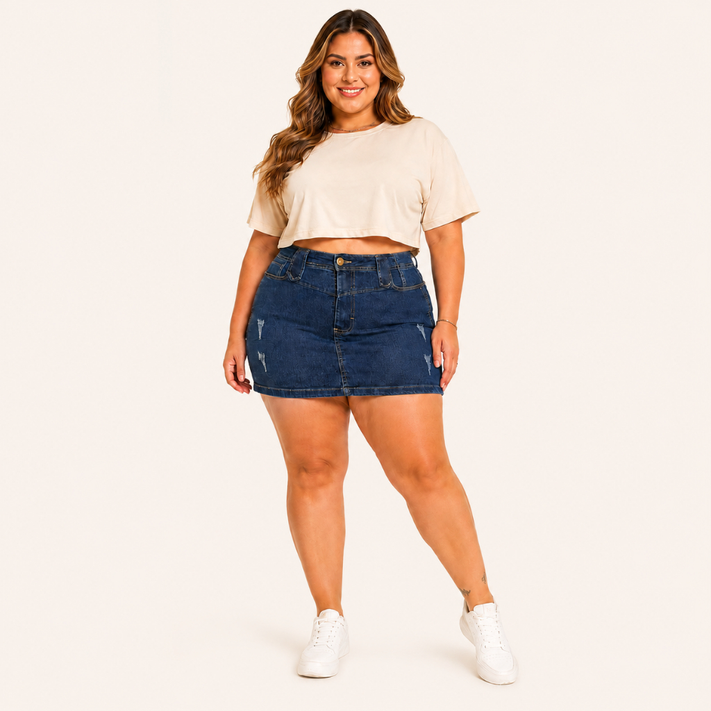 Saia Jeans Plus Size Feminina Cintura Alta Com Lycra Destroyed Desfiada