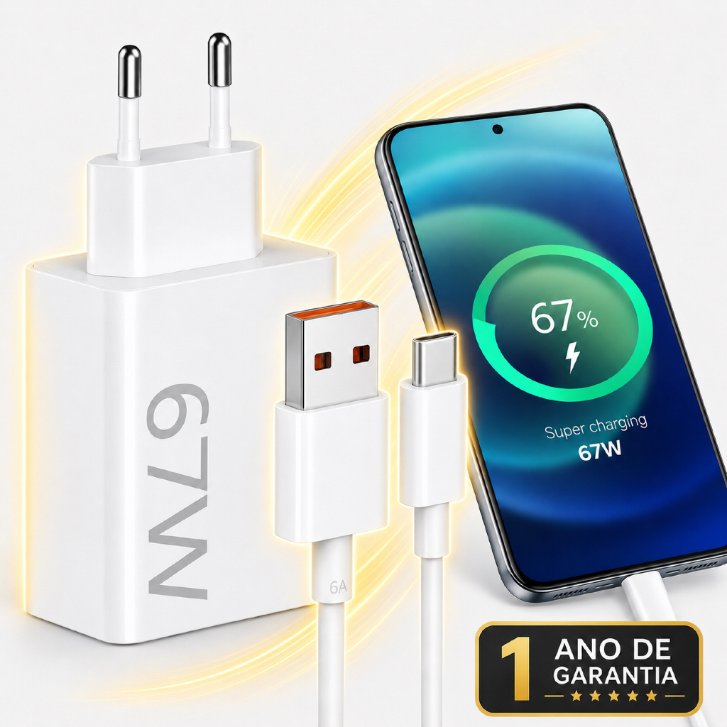 Carregador Turbo 67W USB-C Rápido de Alta Potência | Fonte Tipo-C PD Alta Potência Android Iphone
