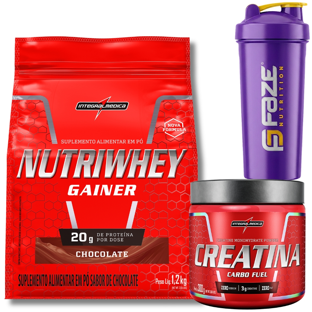 Kit Nutri Whey Gainer Protein Refil 1,2kg + Creatina CarboFuel 300g Integralmedica + Coqueteleira Faze Nutrition