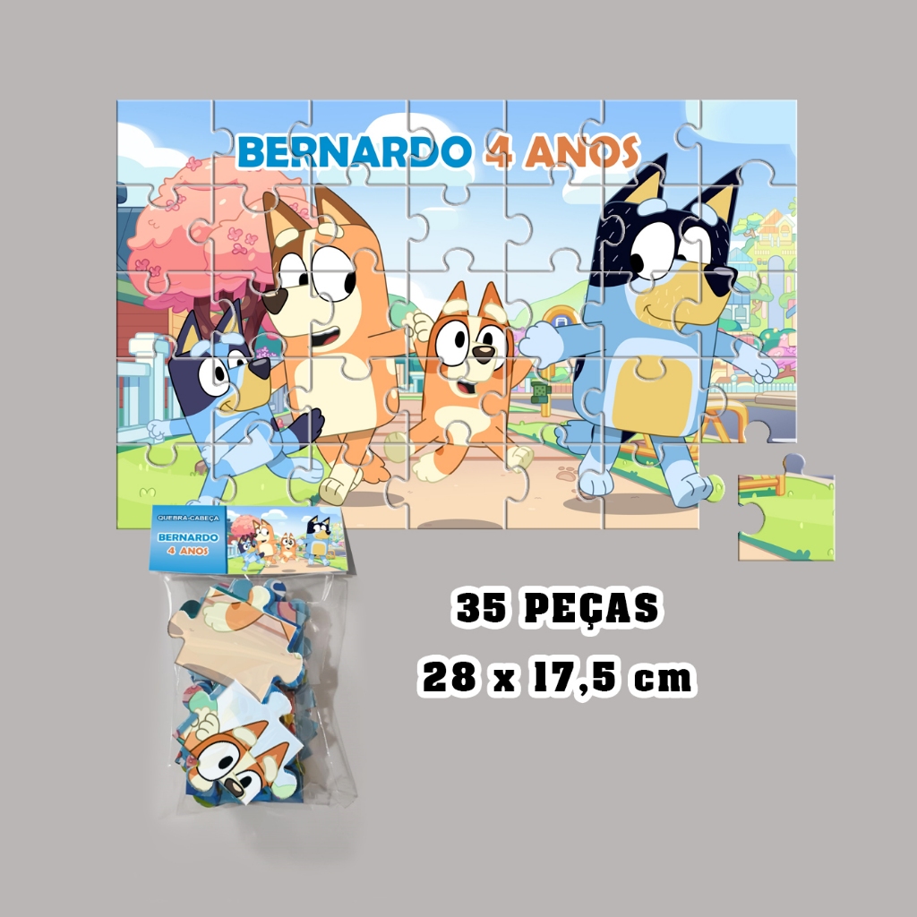Quebra Cabeça Personalizado Bluey | Lembrancinha Aniversário (35 Peças - Tamanho 28 x 17,5 cm)