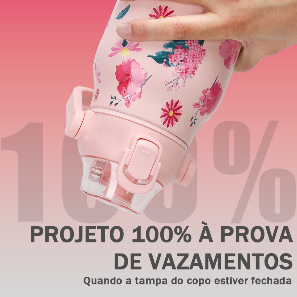 MODUS Garrafa Térmica 1700ML Aço Inoxidável 304 Estampa Floral Rosa com Bico Canudo Tampa Flip Prova de Vazamento · foto 2