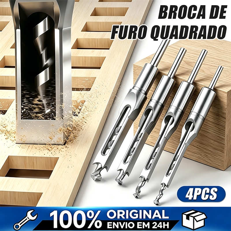 Kit 4 Brocas Furo Quadrado Alta Qualidade 1/4 5/16 3/8 1/2 para Madeira Compatível com Furadeira de Bancada