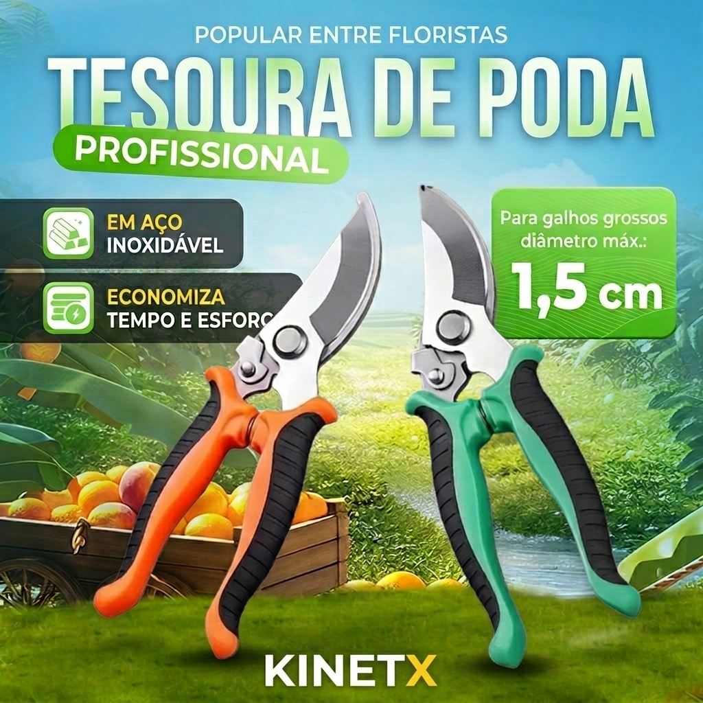Alicate Tesoura Poda Profissional Aço Inox Corte Galhos Duros Jardim Frutíferas Cabo Confortável Ergonômico Resistente