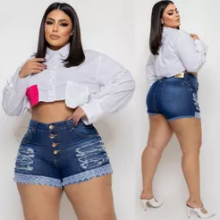 Short Jeans Feminino Plus Size Com Lycra Com Renda Na Perna 46 ao 54