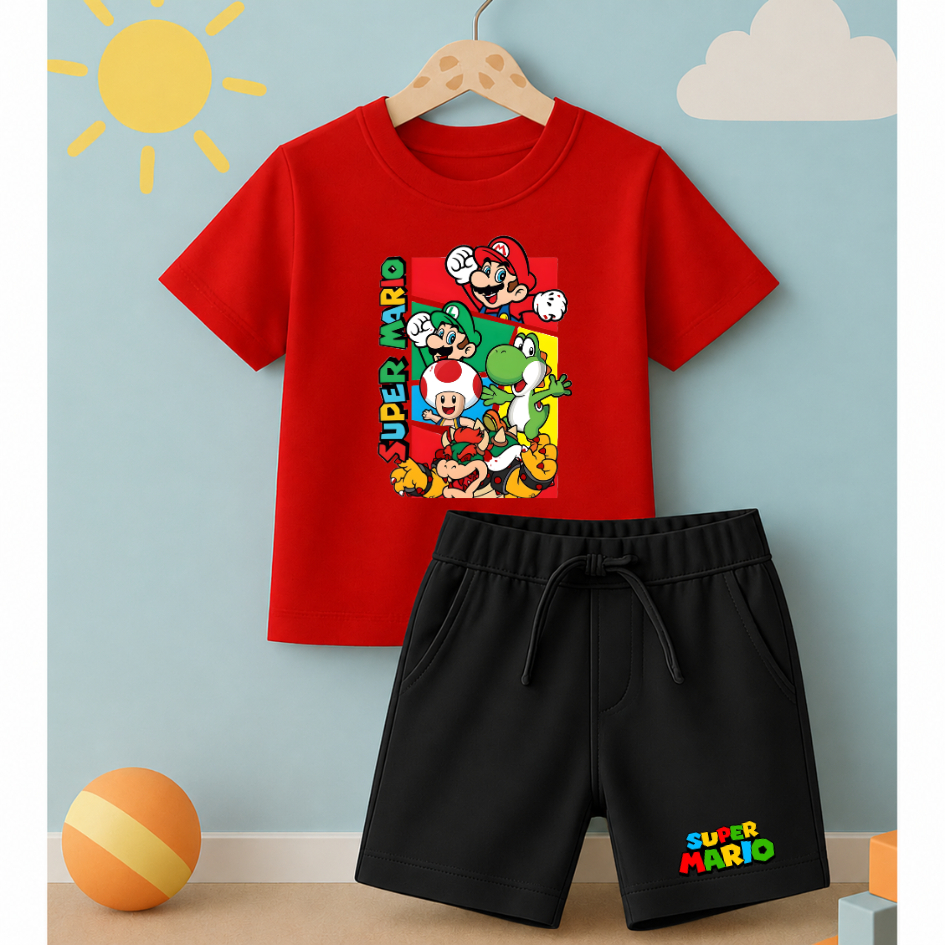 Conjunto Infantil Camiseta e Short Moletinho Super Mario Bross Amigos Tendência Minimalista