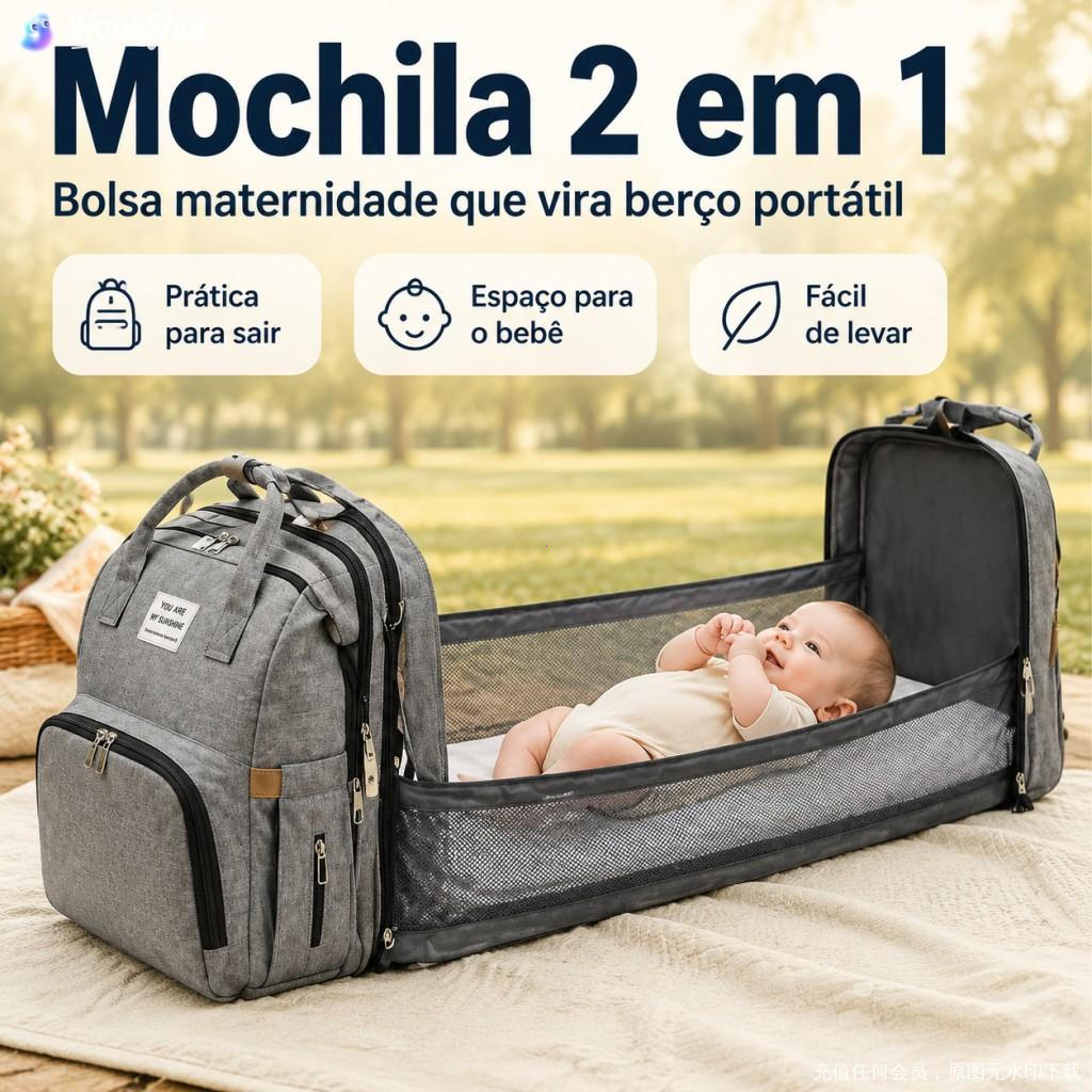 Mochila Bolsa Maternidade Multifuncional Vira Berço Portátil Impermeável Grande Capacidade Com Trocador e Porta Mamadeir