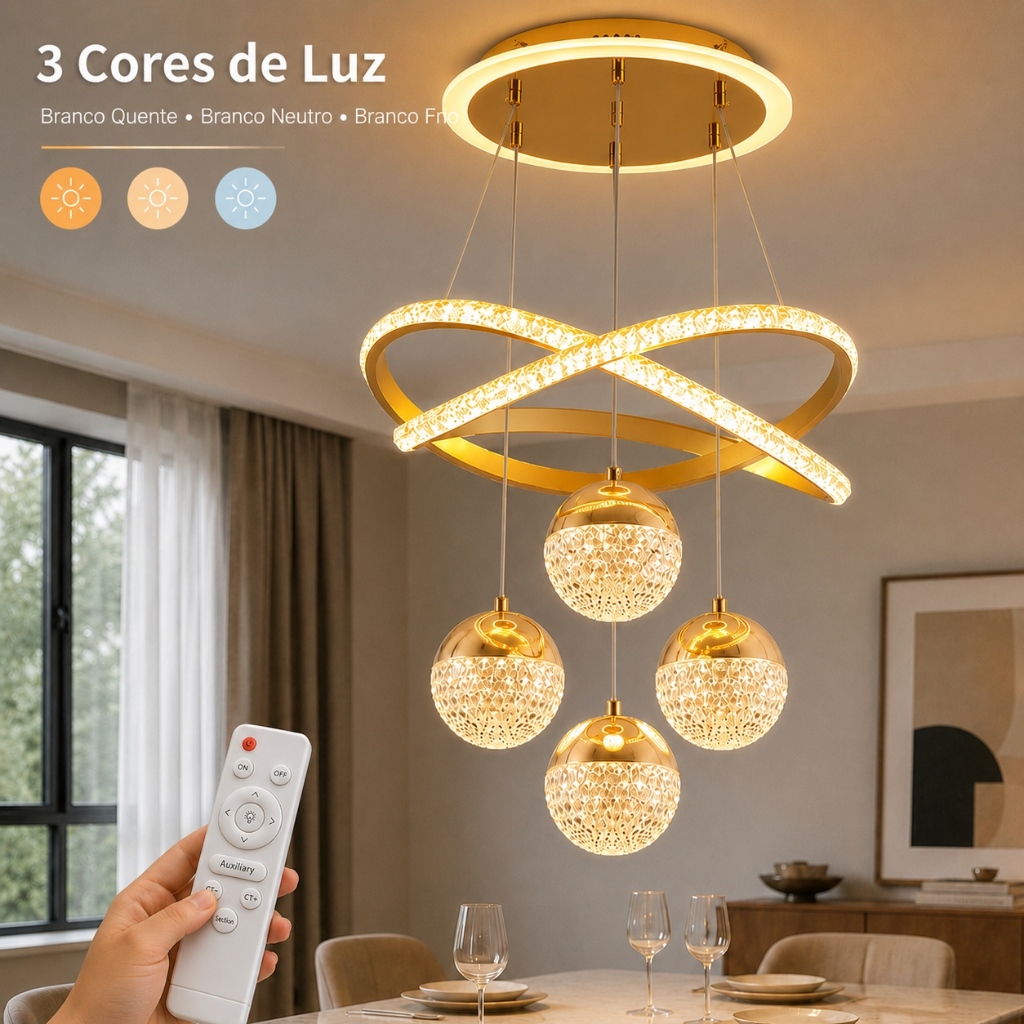 Lustre LED de Cristal Luxo 110V-220V Bivolt 3 Cores com Controle Remoto para Sala e Quarto