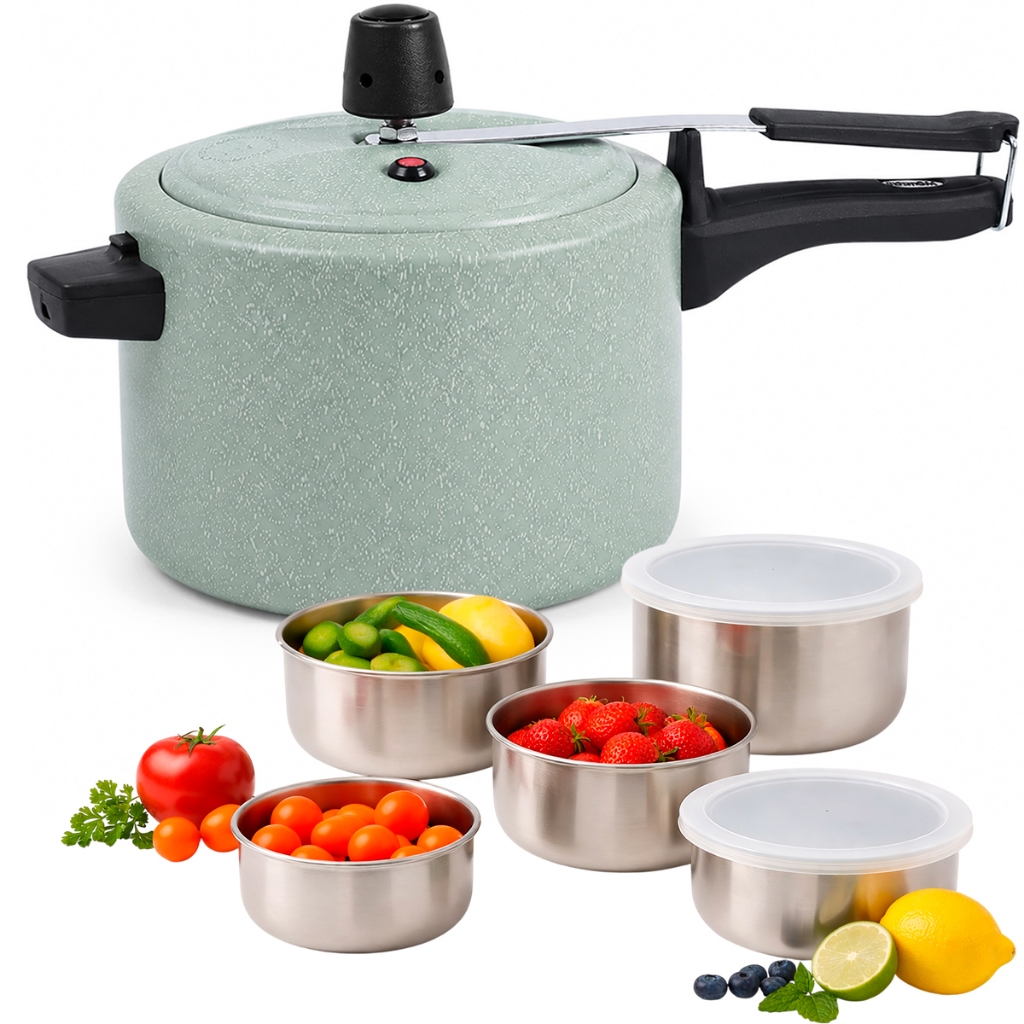 Panela de Pressão 4,5L Brinox Ceramic Life Vapt Antiaderente Com Jogo de 5 Potes Em Aço Inox