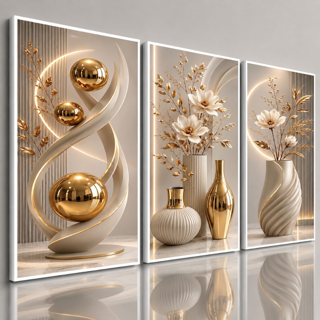 Kit 3 Quadros Decorativos Sala Quarto Escritório Luxo Abstrato Flores Dourado Bege Branco Moderno em Alta Qualidade
