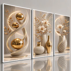 Kit 3 Quadros Decorativos Sala Quarto Escritório Luxo Abstrato Flores Dourado Bege Branco Moderno em Alta Qualidade
