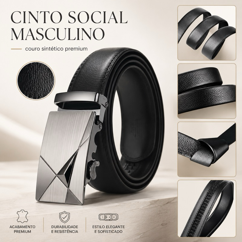 Cinto Social Masculino em Couro Sintético Luxo Catraca Reforçada Fecho Automático