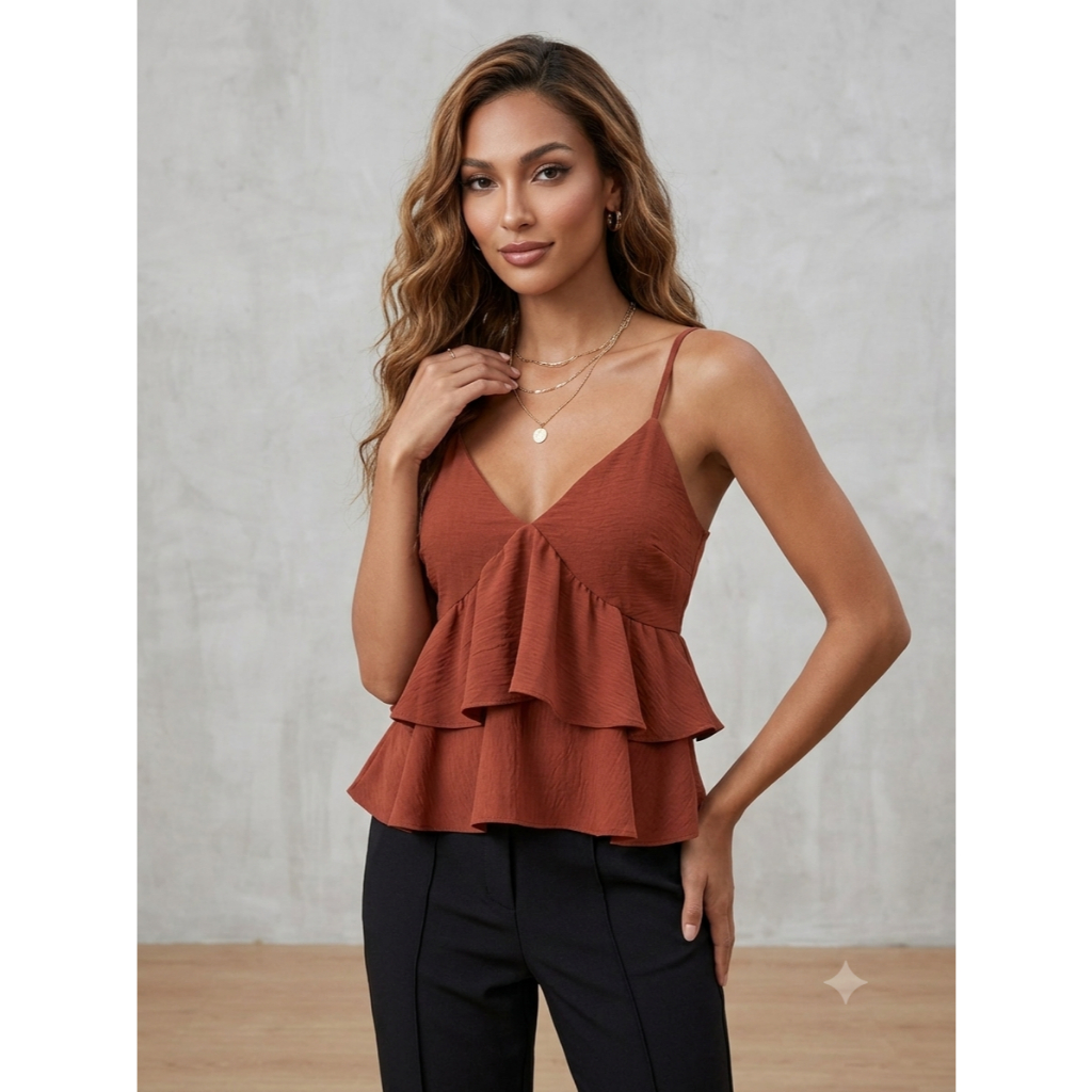 Blusa Feminina De Alcinha Com Babados Em Camadas Elegante - Regata Casual Chic