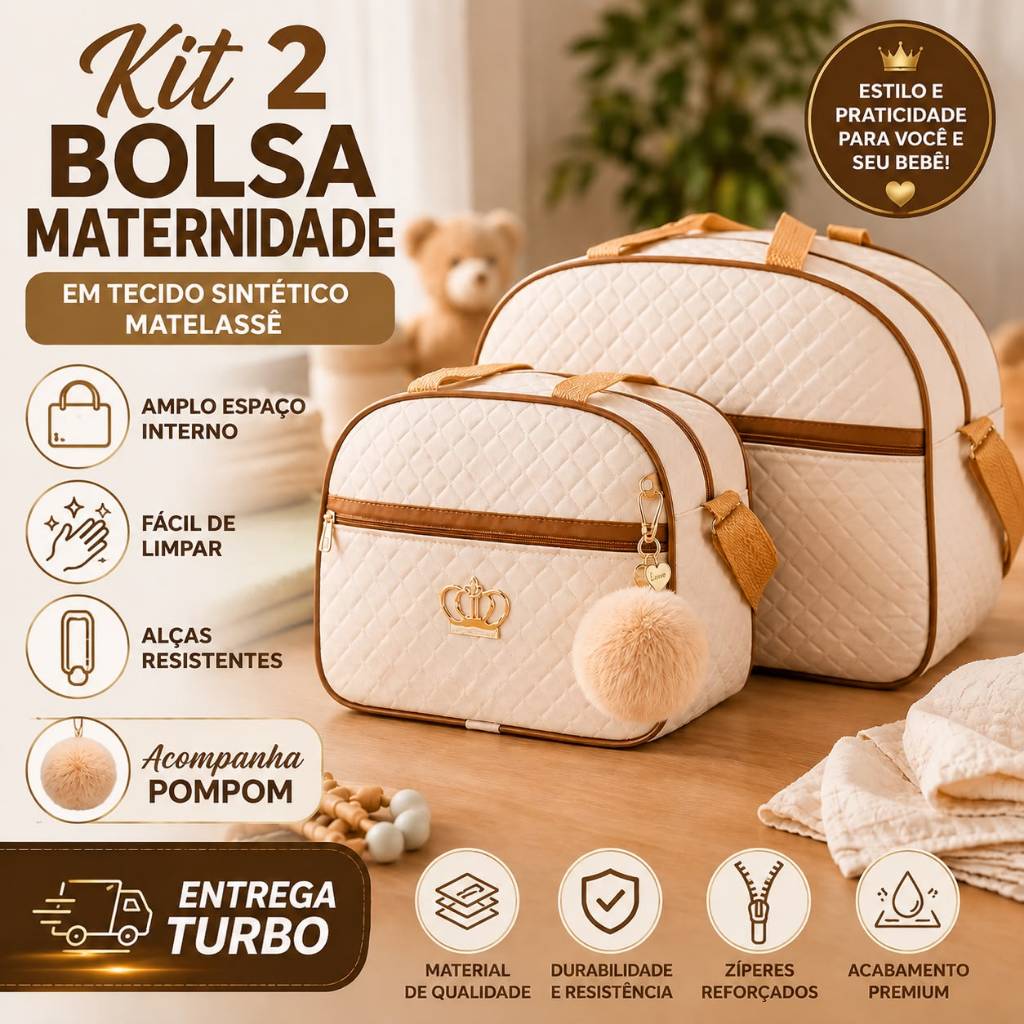 Kit 2 Bolsa Maternidade Menino/Menina Mala p/ Bebê de Luxo Várias Cores C/ Pompom ENTREGA RÁPIDA