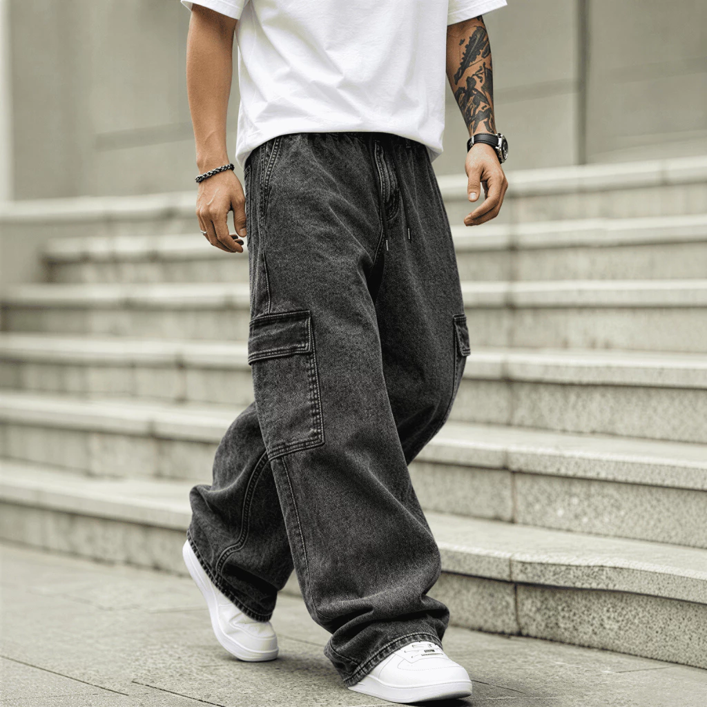 Calça Cargo Unissex Larga Baggy Wide Leg Streetwear Skate Hip Hop Oversized Casual Cordão Ajustável Bolsos Cargo Moda
