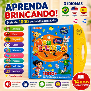 Livro Interativo com Som Infantil 3 em 1 - Português, Inglês e Espanhol - Touch & Sound - 1000 Conteúdos