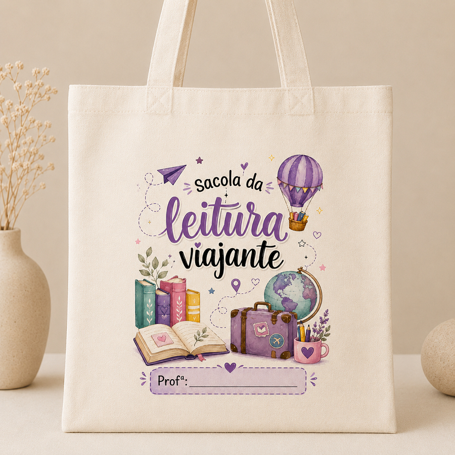 Sacola Ecobag Com ou Sem Zíper Algodão SACOLA DA LEITURA VIAJANTE 06 PERSONALIZADA COM NOME DA PROFESSORA OU NOME ALUNO — imagem 2 de 2