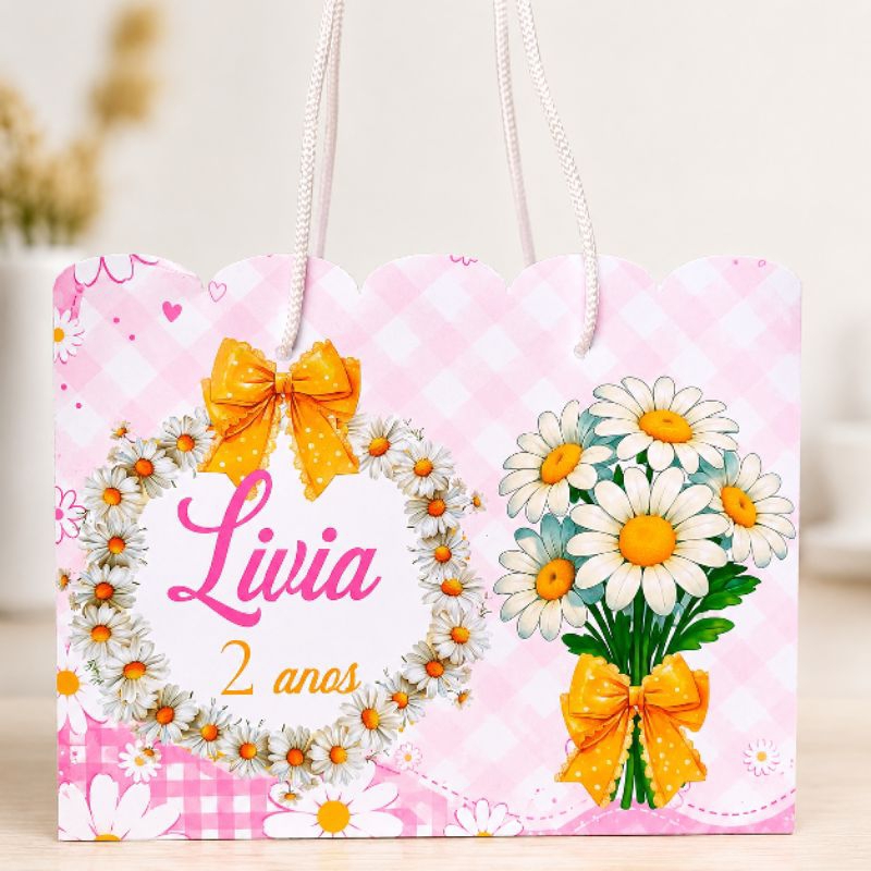 Sacolinha personalizada margaridas - lembrancinha personalizada de aniversário pegue e monte