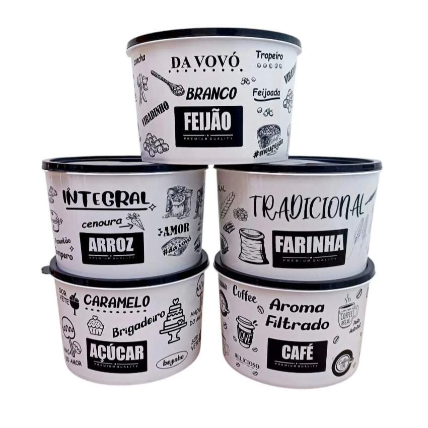 Kit 5 Potes Porta Mantimentos 2 Litros Redondo Arroz Feijão Açúcar Café Farinha - Pedreira Utilidade