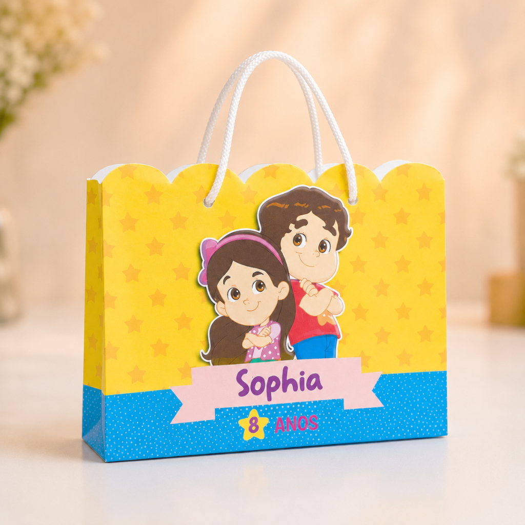 Sacolinha Ondulada Personalizada Maria Clara e JP (20x15x5) PEGUE E MONTE lembrancinha Nome e Idade Festa Infantil