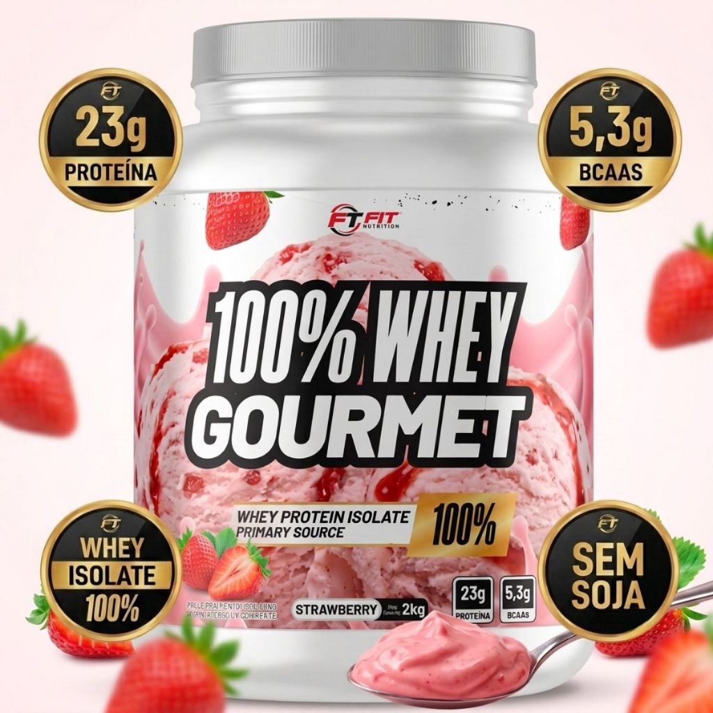 Whey Protein Gourmet 100% Concentrado e Isolado 900g Pote - Morango
