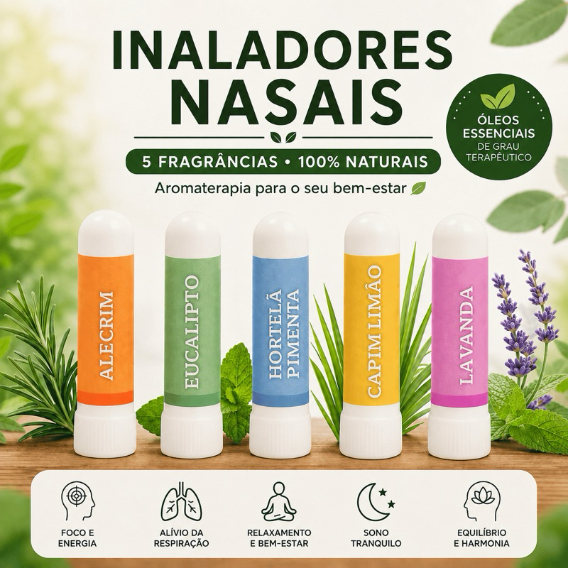 Inalador Nasal Aromaterapia | Eucalipto, Lavanda e Hortelã | Alívio Respiração e Sinusite
