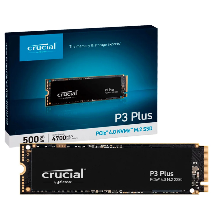 SSD Crucial, P3 Plus 500GB, M.2 PCIe NVMe, Leitura: 4,700MB/s, Gravação: 1,900MB/s, CT500P3PSSD8.