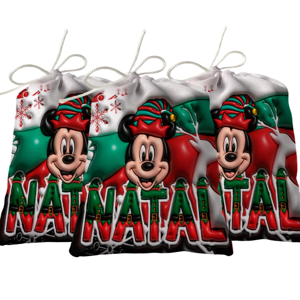 Sacolinha Lembrancinha Festa Aniversário Surpresa Tecido Personalizado Mickey Natal