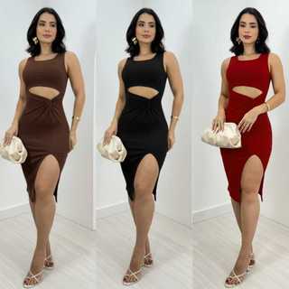 Vestido Midi Tubinho Regata com Fenda Lateral Canelado para Festa Casual e Elegante