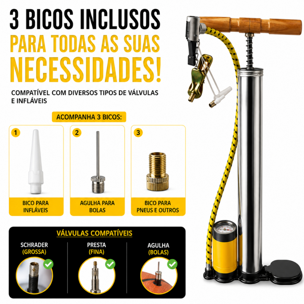 Bomba de Ar Manual com Manômetro 140 PSI Bike Moto Bola Piscina Colchão Bicos Válvula Universal