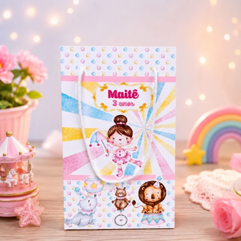 Sacolinha Surpresa Circo Rosa Aquarela Personalizado - Lembrancinha - Aniversário - Decoraçã / DESMONTADO