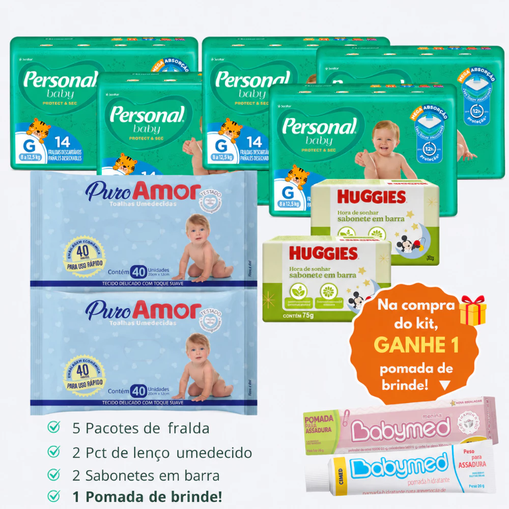 Kit 5 Pacotes Fralda Descartável Personal Baby + 2 Lenço Umedecido + 2 Sabonetes + 1 Pomada de Assadura