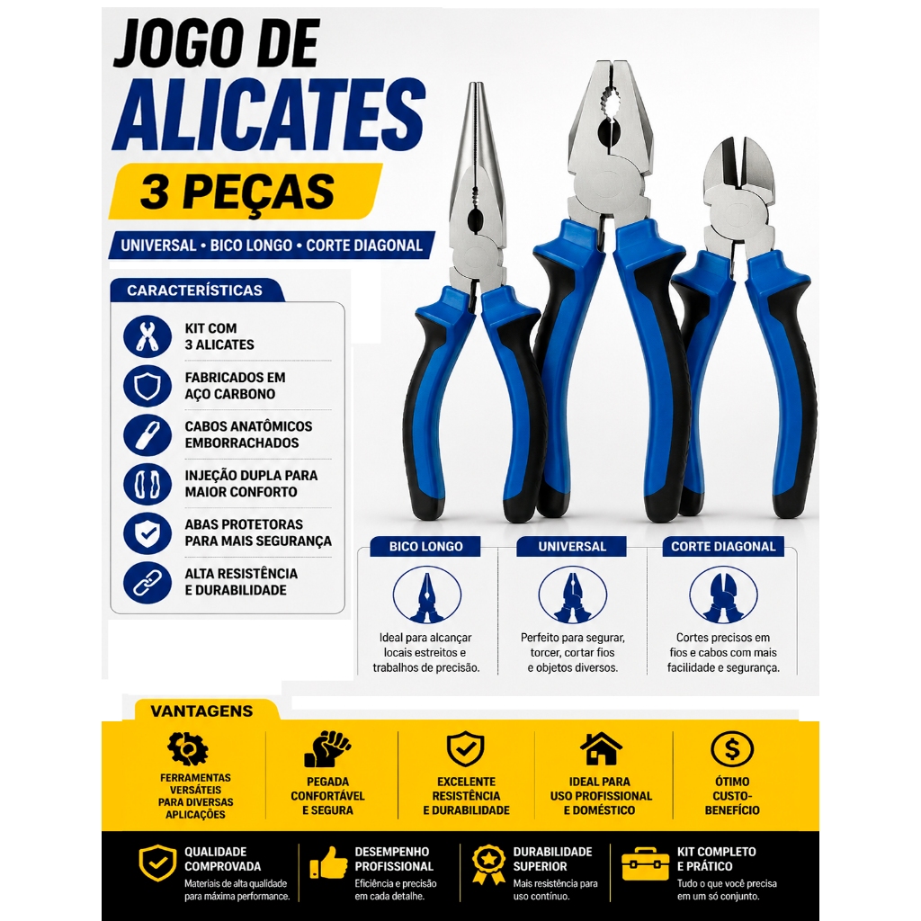 Kit Jogo Alicates Ferramentas Utilidades Universal Corte Bico Meia Cana