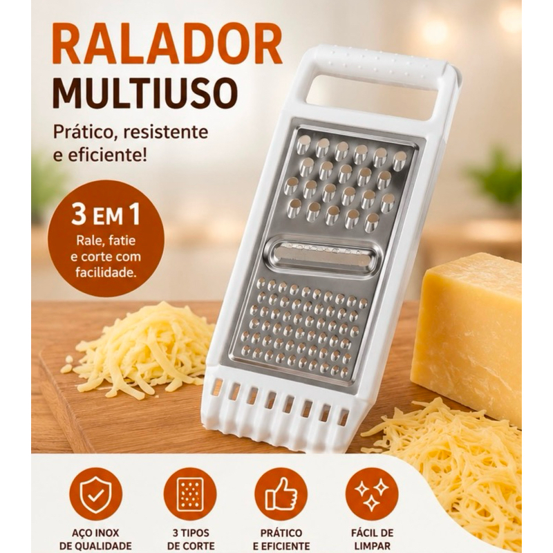 Ralador Multiuso 3 em 1 Aço Inox | Ralador Grosso, Fino e Fatiador para Legumes, Queijos e Frutas