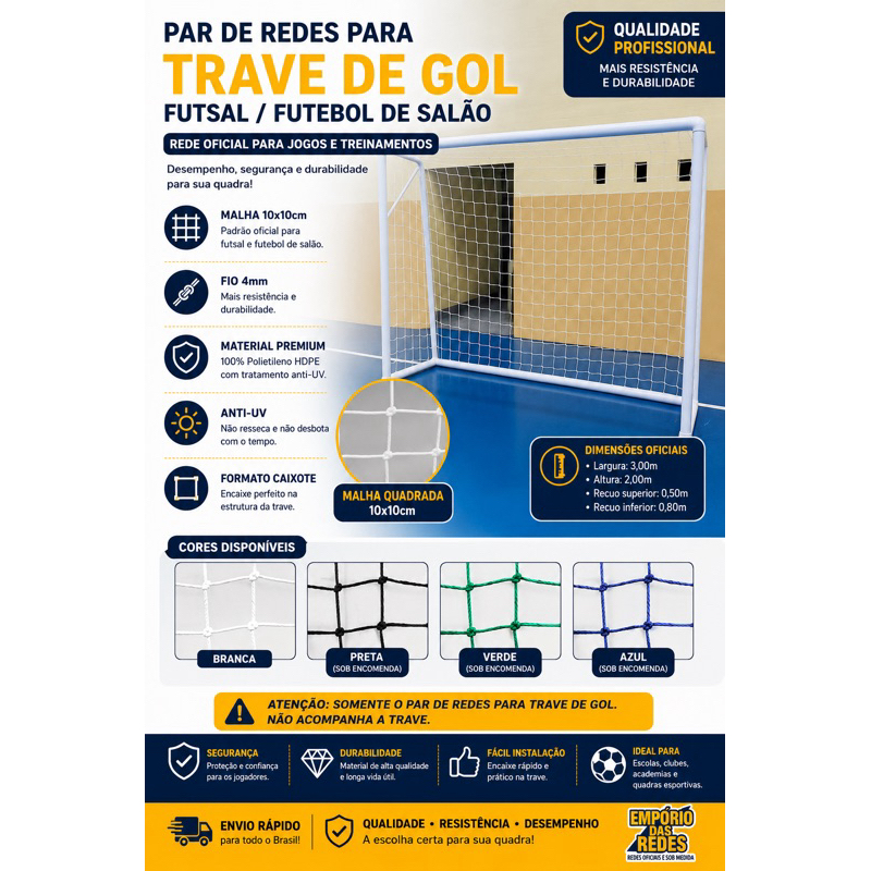 Par de Redes para trave de gol futebol de salão futsal 3x2
