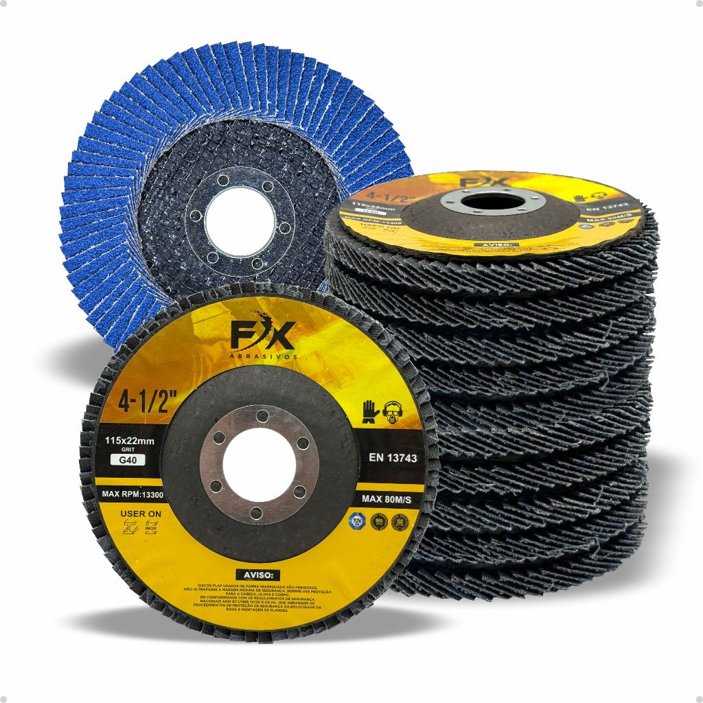 Kit 10 Discos Premium Flap Premium 4.1/2 115x22 Grão G40 G60 G80 G120 Fixar Fibra