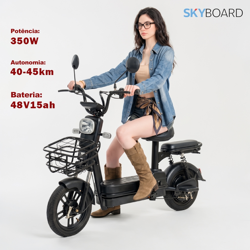 Bicicleta Elétrica SKYBOARD Atualizada Cullinan 350W 48V15Ah 45km Autonomia 150kg Carga 2 Assentos Garantia Um Ano