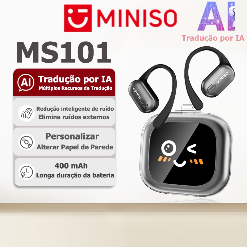 Fone Bluetooth de tradução IA MINISO MS101, fone sem fio com personalização de fundo da tela, versão Bluetooth 6.0, som