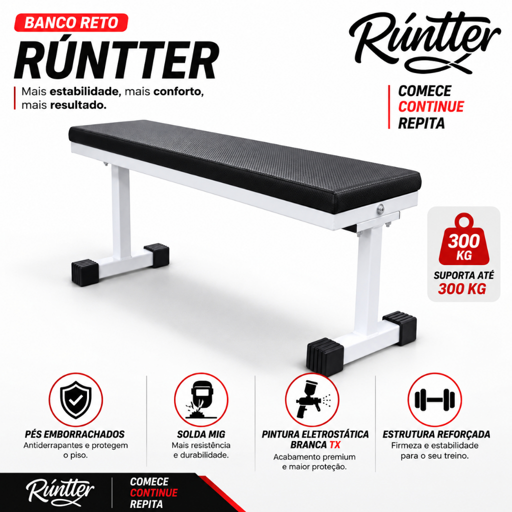 Banco Musculação Supino Reto 90cm Até 300kg Preto + Branco