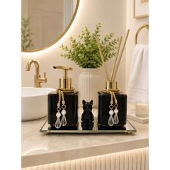 Kit Lavabo Luxo Dourado com Bandeja Espelhada e Difusor Aromatizador