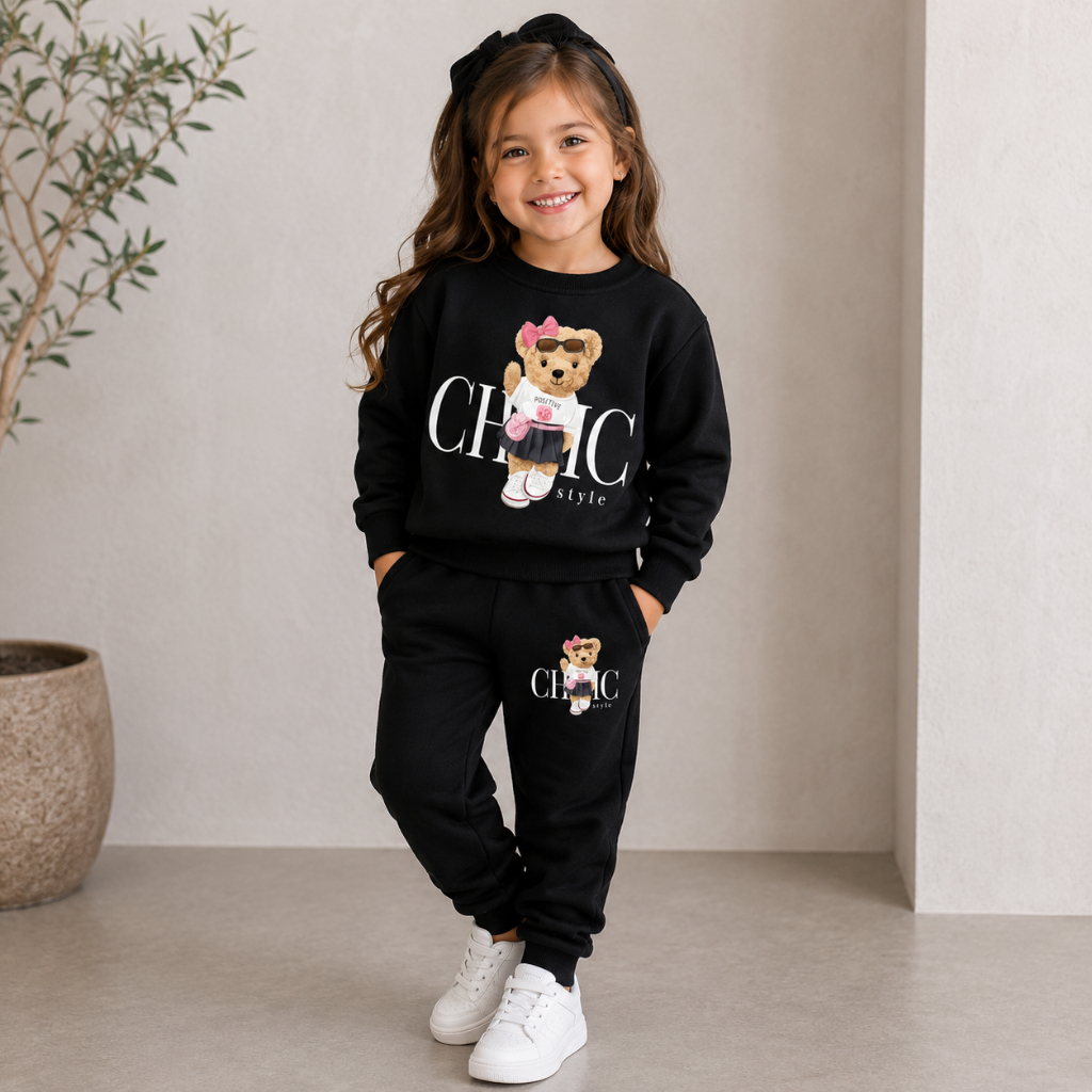 Conjunto infantil moleton urso bear chic suéter calça jogger flanelado quentinho