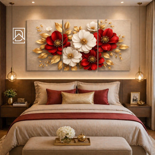Kit 3 Quadros Decorativos Flores Vermelhas e Brancas Luxo Sala Quarto MDF Alta Definição Decoração Moderna Elegante Casa