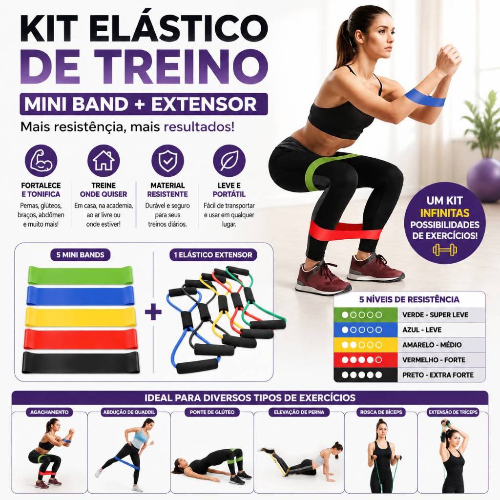 Kit Elástico de Treino Mini Band + Extensor Tensão Exercício Funcional Fisioterapia Pilates Casa