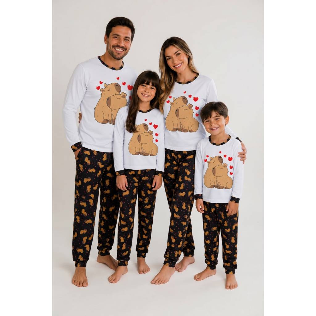 Kit Família Pijama Longo Inverno Pai Mãe Filho Filha Confortável Capivara Frio Estampado Promoção