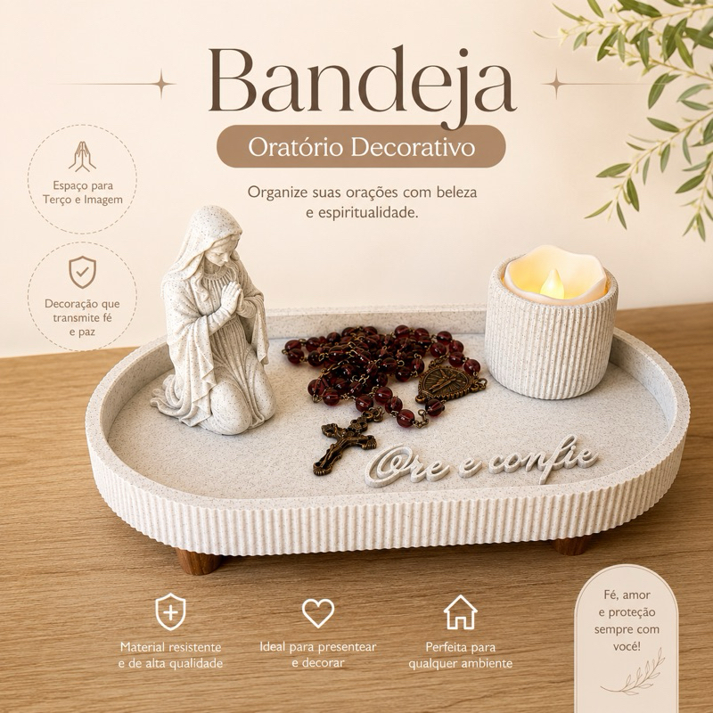 Bandeja Oratório Decorativa | Porta Terço e Vela | Cantinho de Oração | Decoração Religiosa