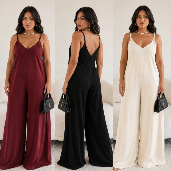 Macacão Feminino Largo Pantalona Slim e Plus Size Alcinha Decote V Social Alfaiataria Tecido Duna Moda Outono Inverno